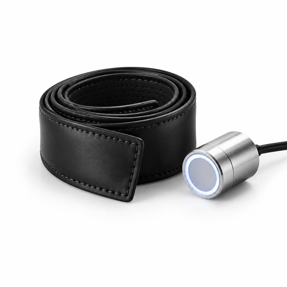 Leather car accessory beside a brushed metal control