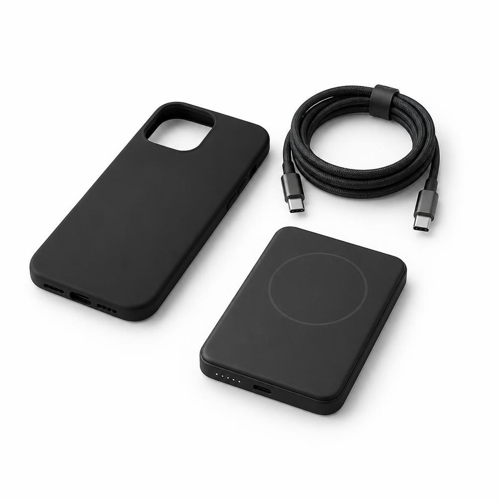Black phone accessories arranged on a white background
